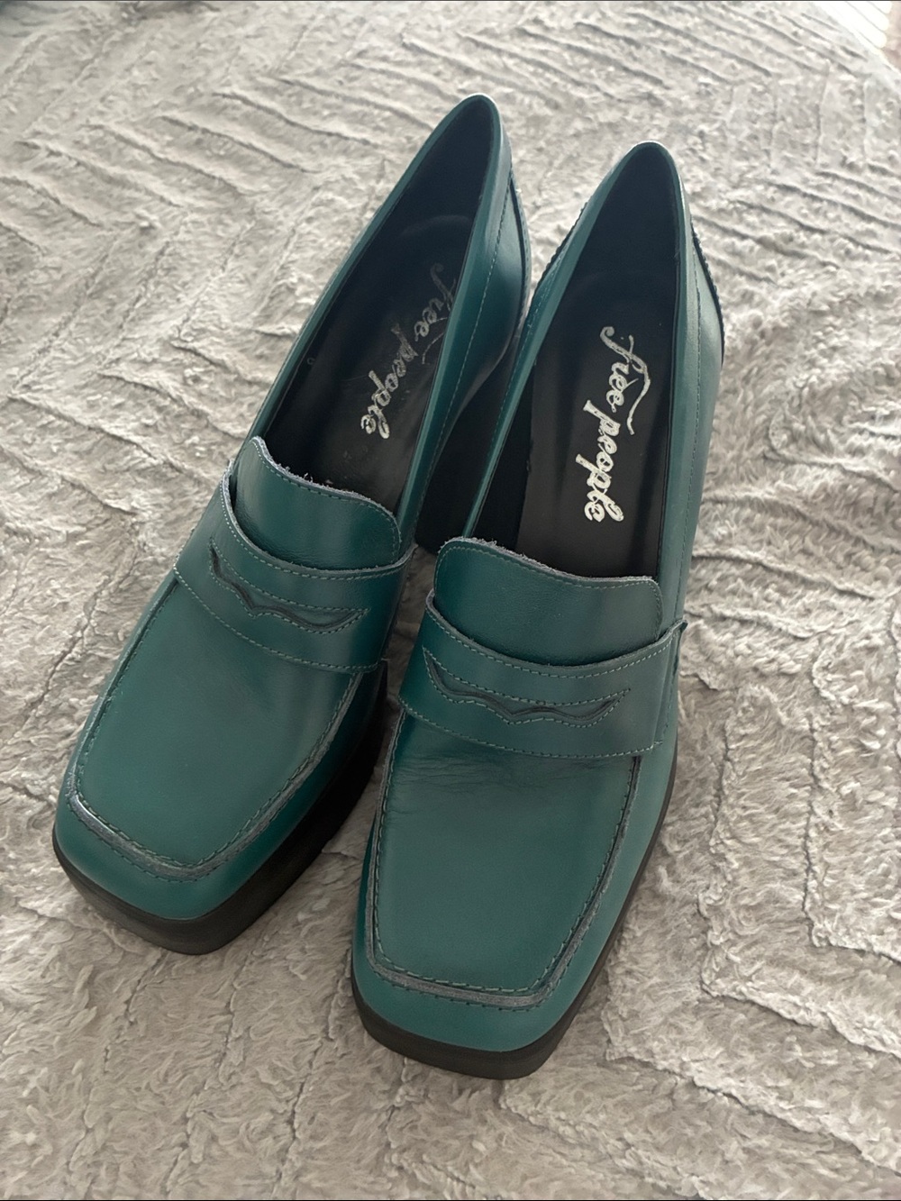 Free People Teal Square-Toe Leather platform Loafers